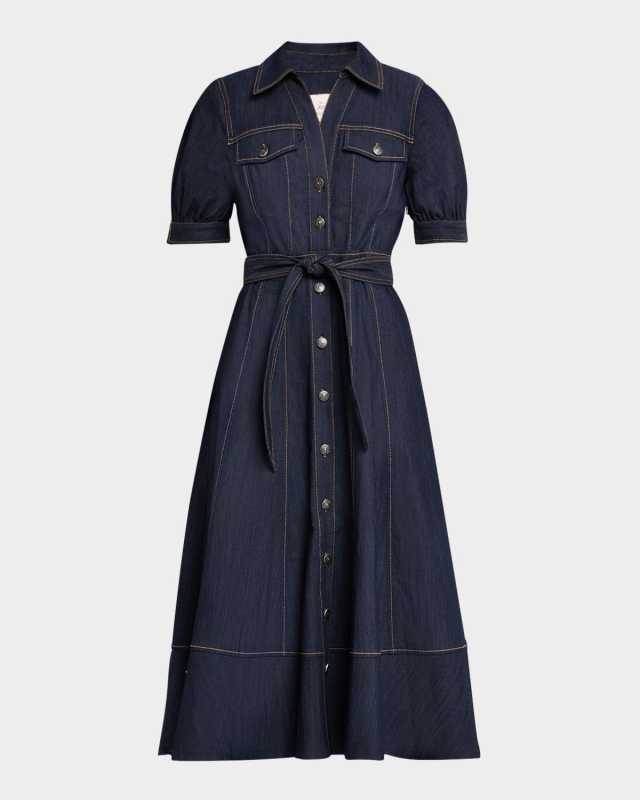 Suzie Denim Puff-Sleeve Midi Dress
